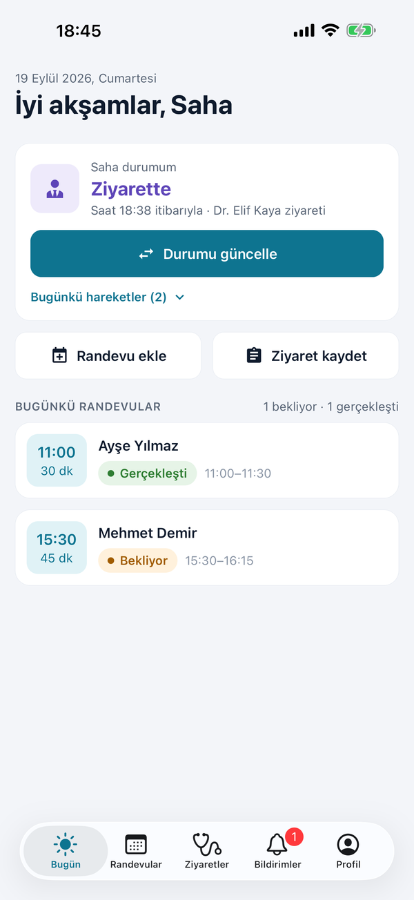 Sahager uygulamasının Bugün ekranı: saha durumu Ziyarette, günün iki randevusu